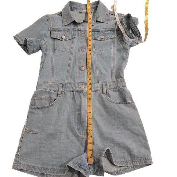 Blue B Rhinestone Fringe Light Wash Denim Romper Western Sparkle Size Small - Picture 10 of 15